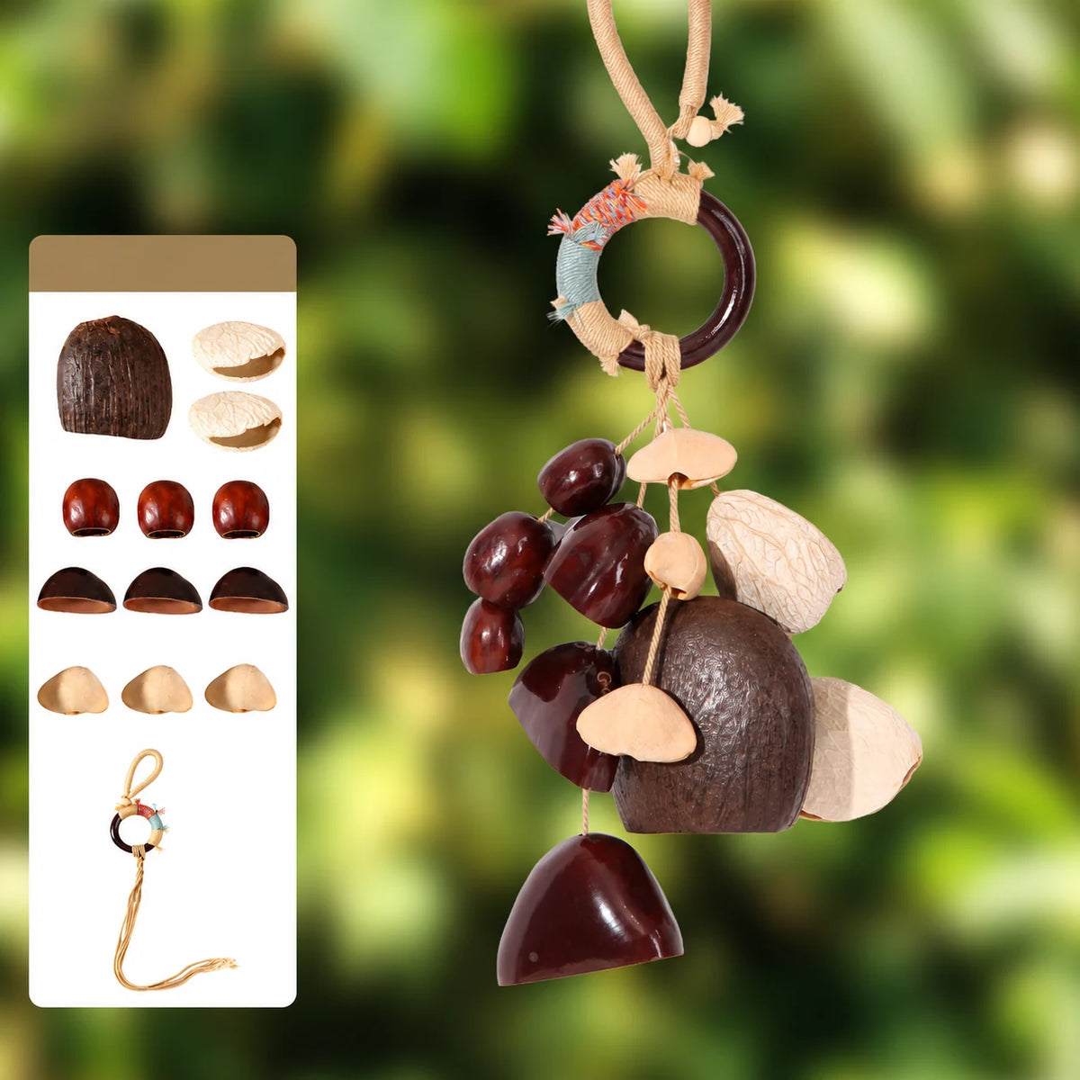 Abundance natural seed pod bag charm, assembled example with supplier materials diagram