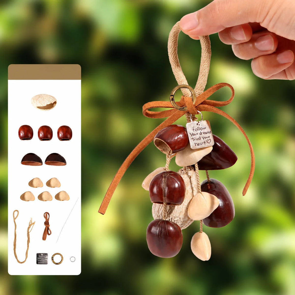 Cloud Creek natural seed pod bag charm, assembled example with supplier materials diagram