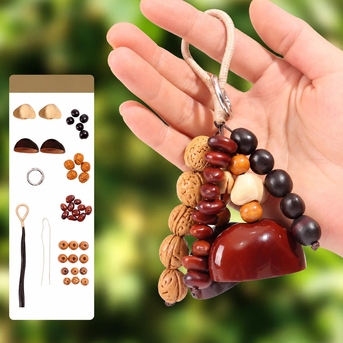 Cloud Water natural seed pod bag charm, assembled example with supplier materials diagram