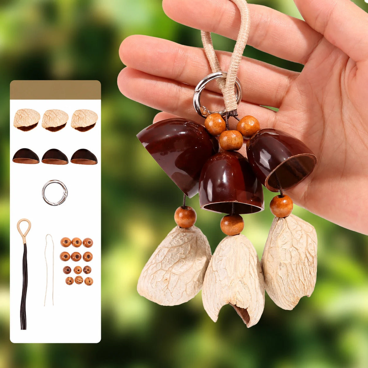 Creek Melody natural seed pod bag charm, assembled example with supplier materials diagram