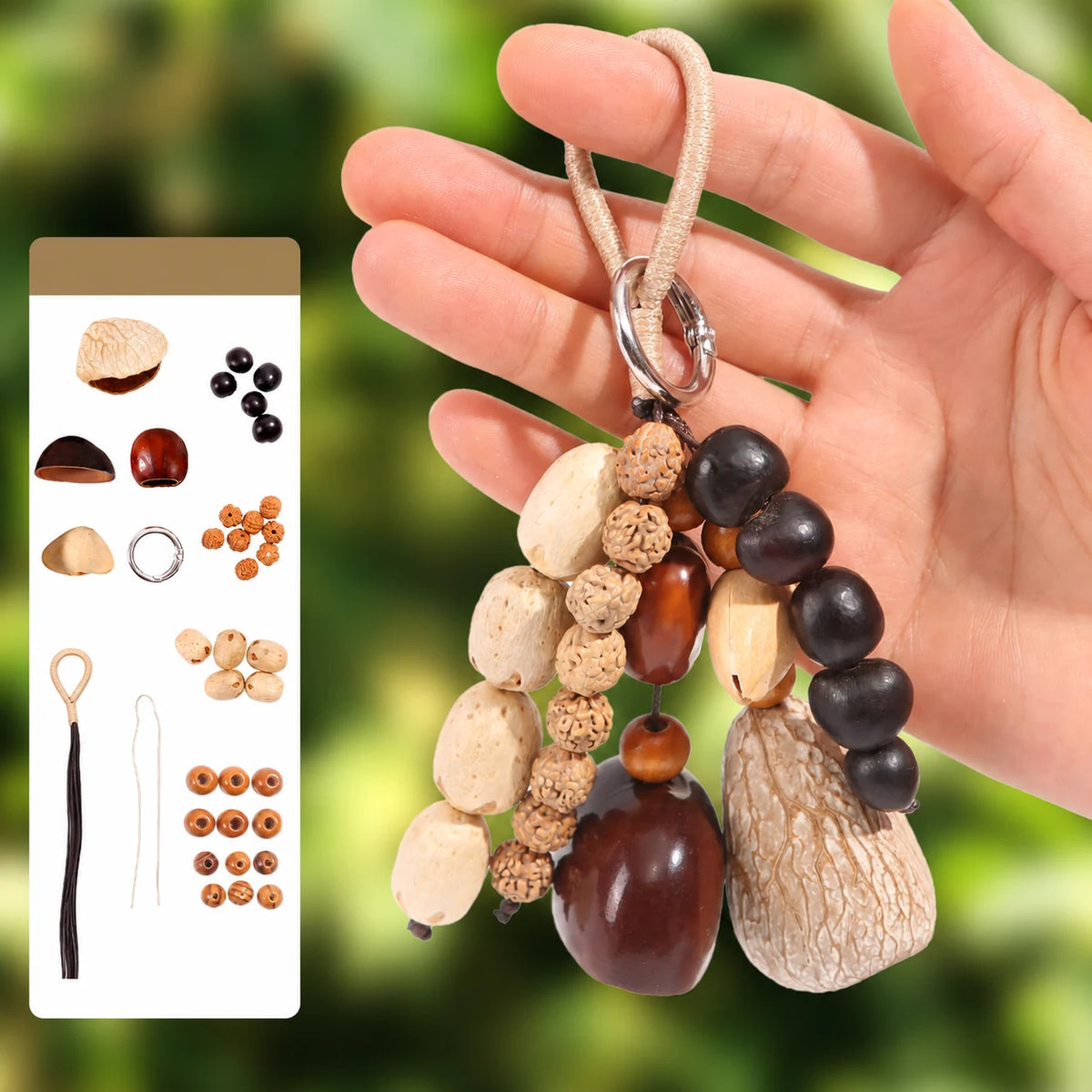 Creekside natural seed pod bag charm, assembled example with supplier materials diagram