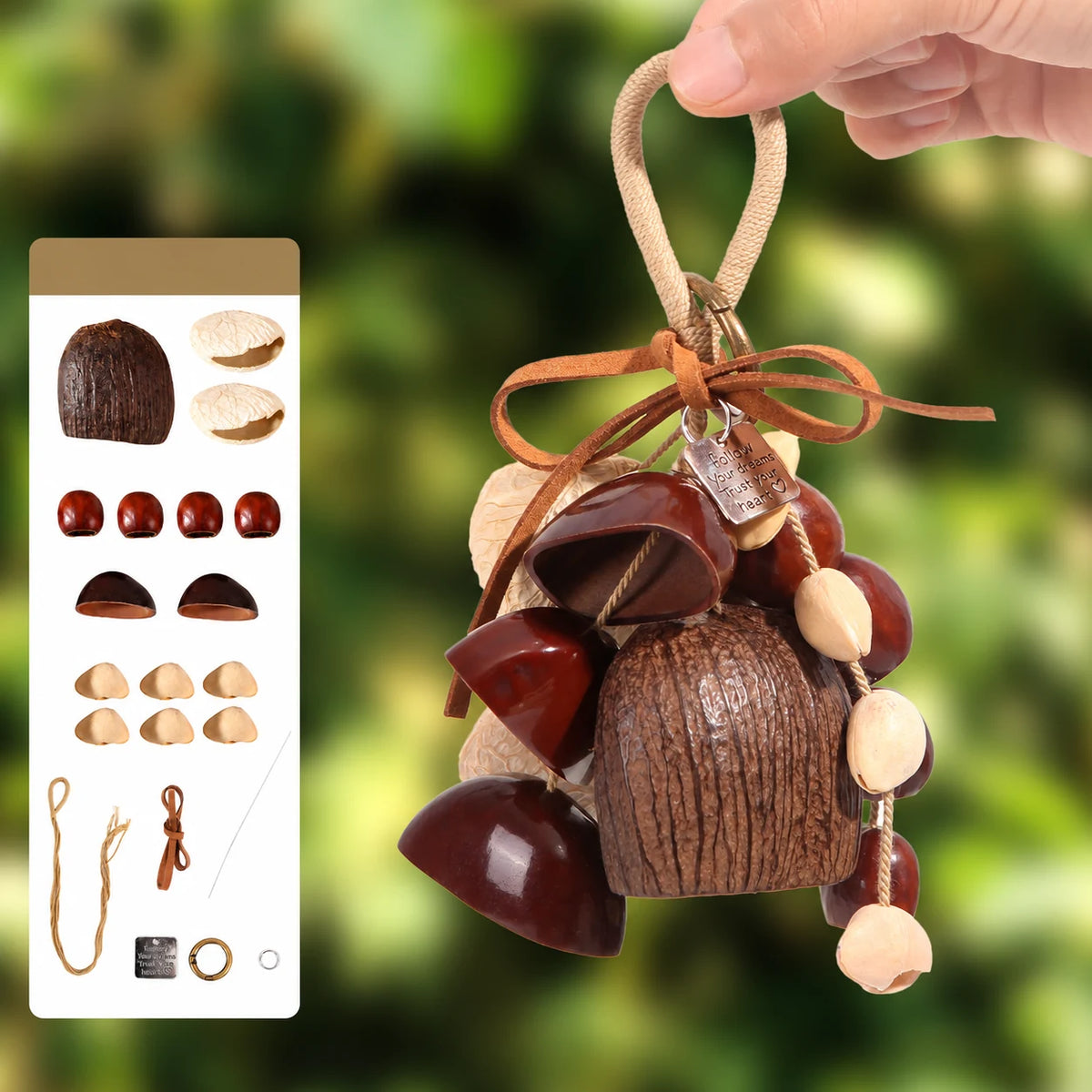 Crescent Spring natural seed pod bag charm, assembled example with supplier materials diagram
