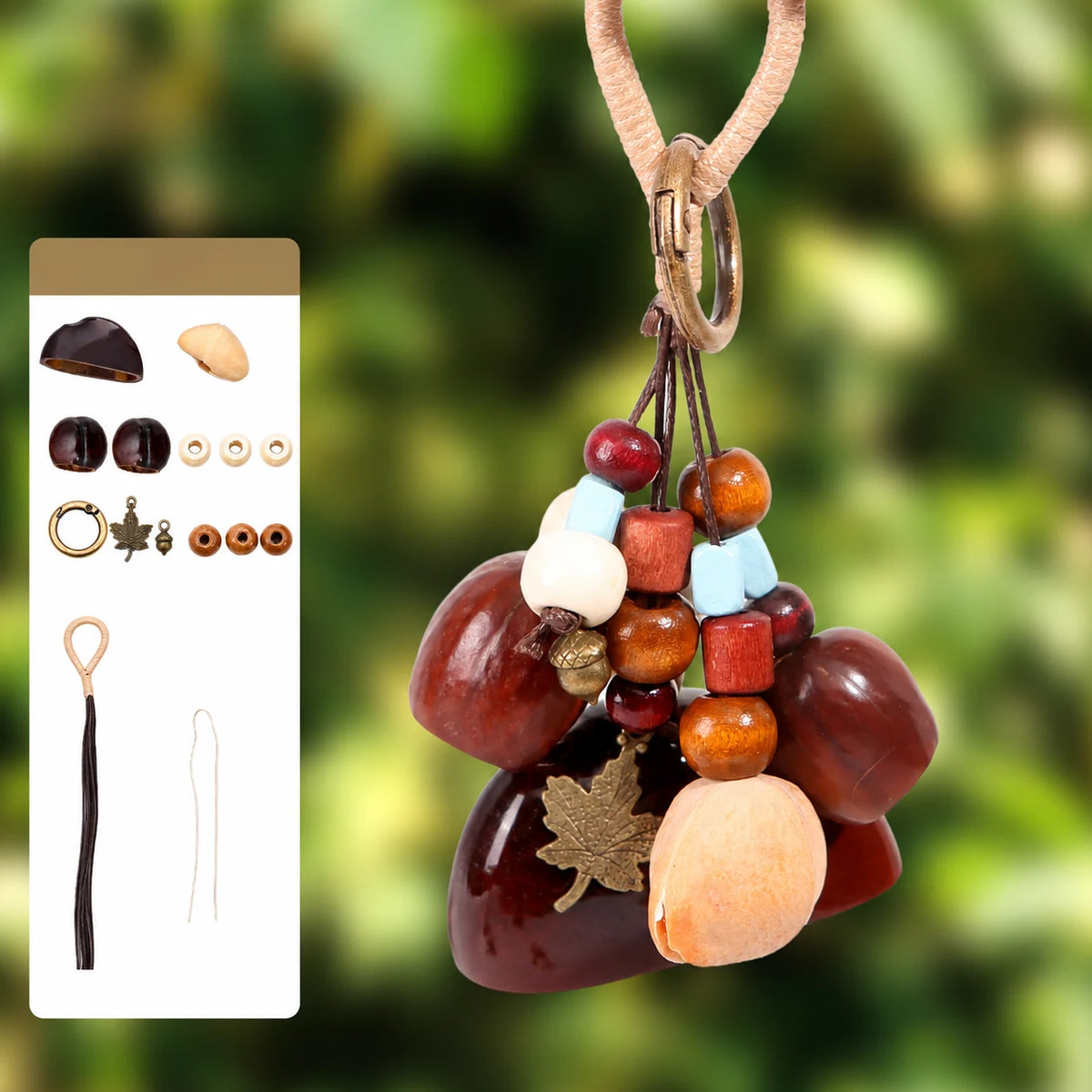 Cricket Song natural seed pod bag charm, assembled example with supplier materials diagram
