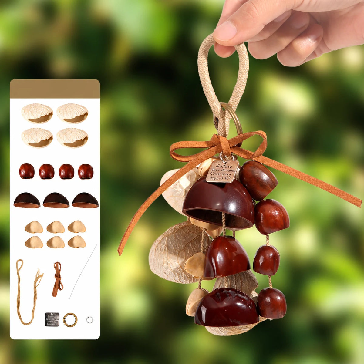 Deep Clouds natural seed pod bag charm, assembled example with supplier materials diagram