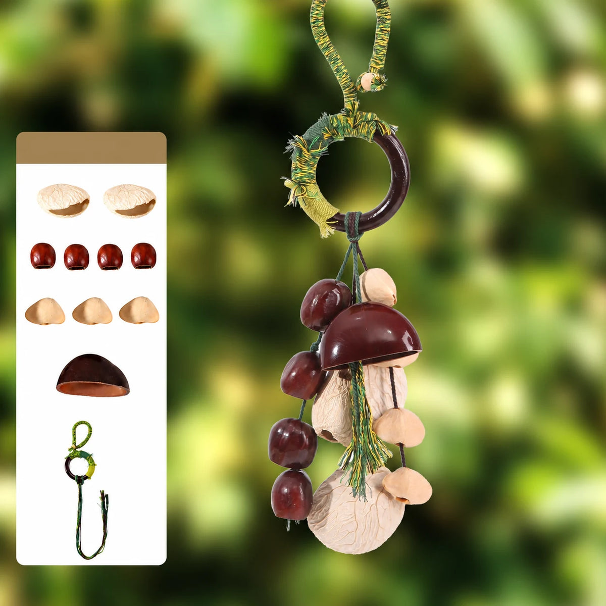 Emerald Woods natural seed pod bag charm, assembled example with supplier materials diagram