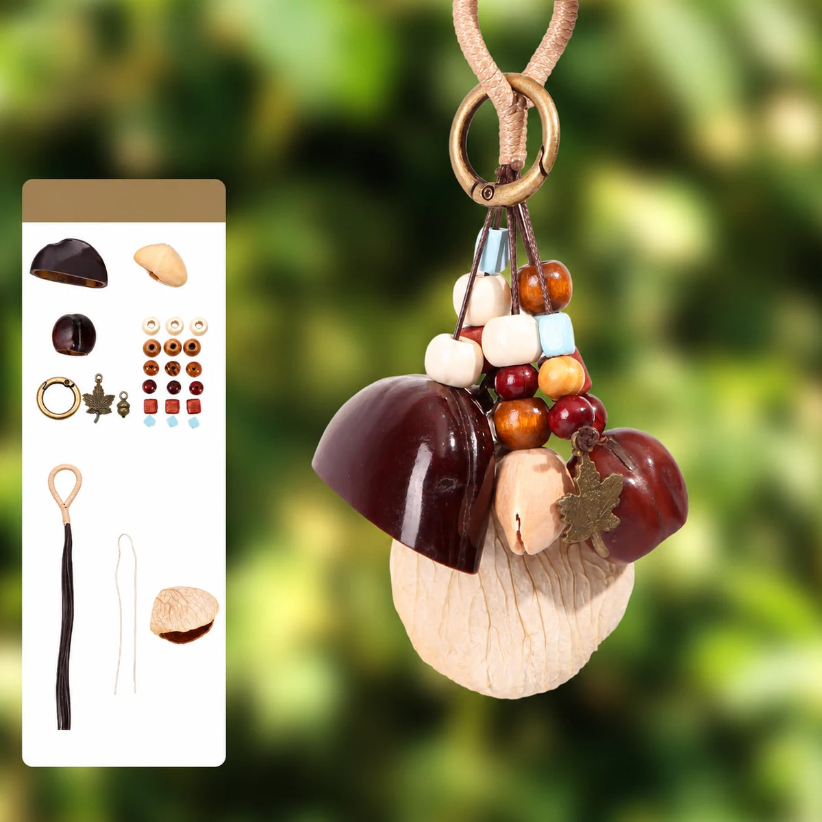 Ethereal natural seed pod bag charm, assembled example with supplier materials diagram