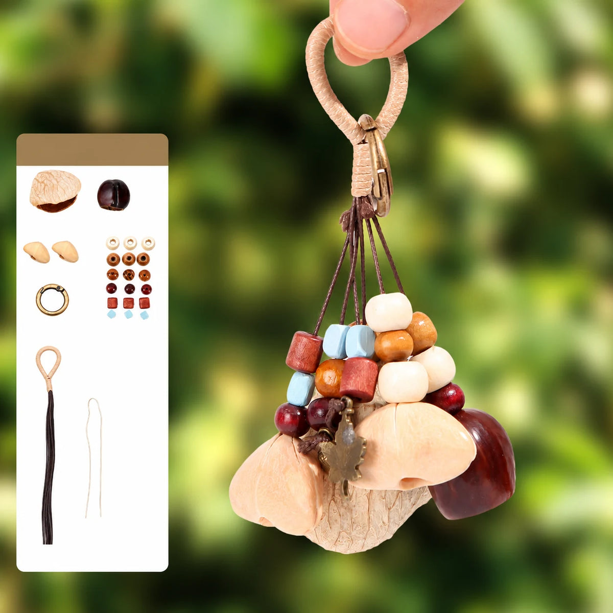 Flowing Stream natural seed pod bag charm, assembled example with supplier materials diagram