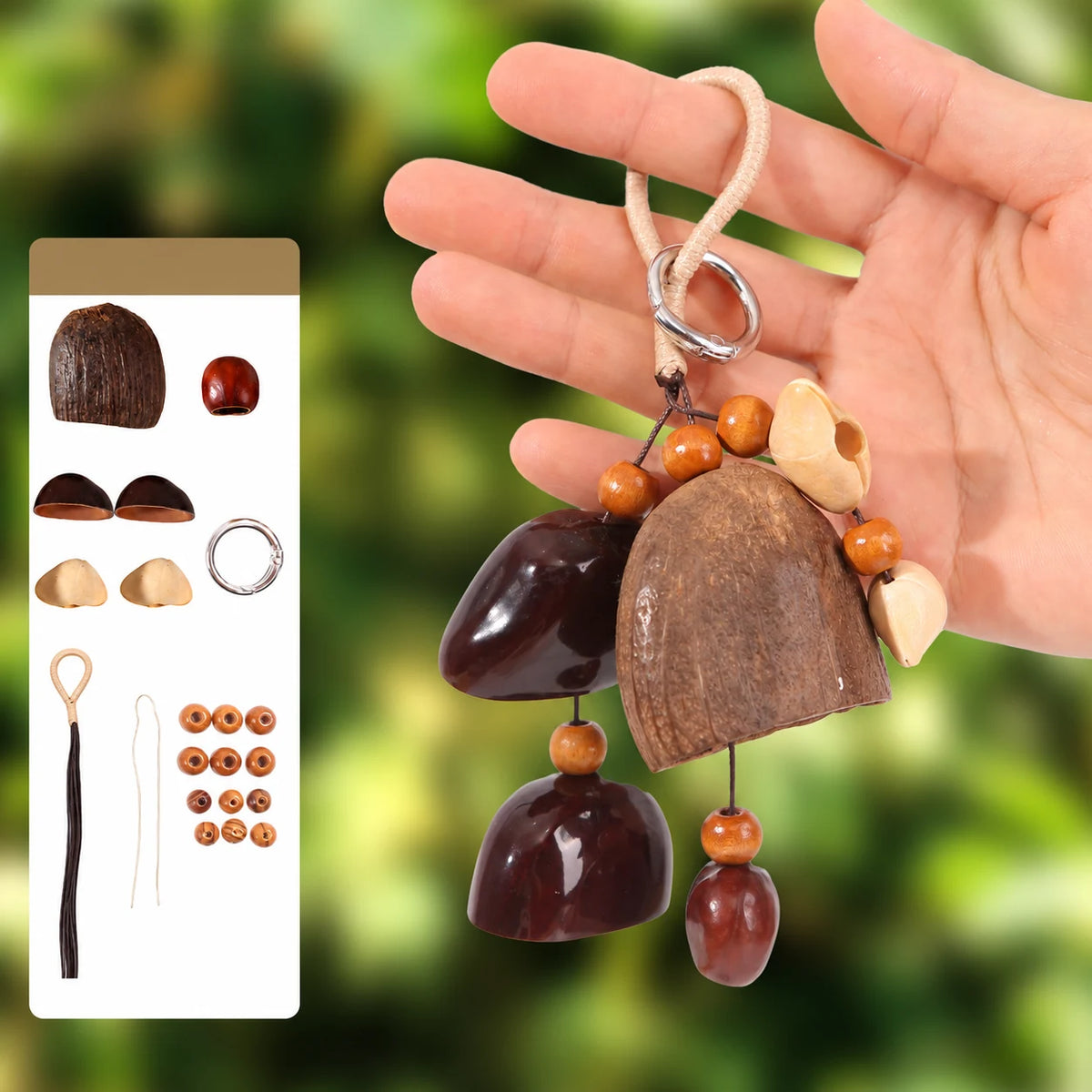 Forest Bells natural seed pod bag charm, assembled example with supplier materials diagram