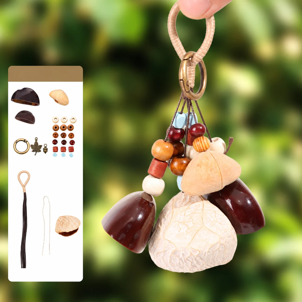 Forest Whisper natural seed pod bag charm, assembled example with supplier materials diagram