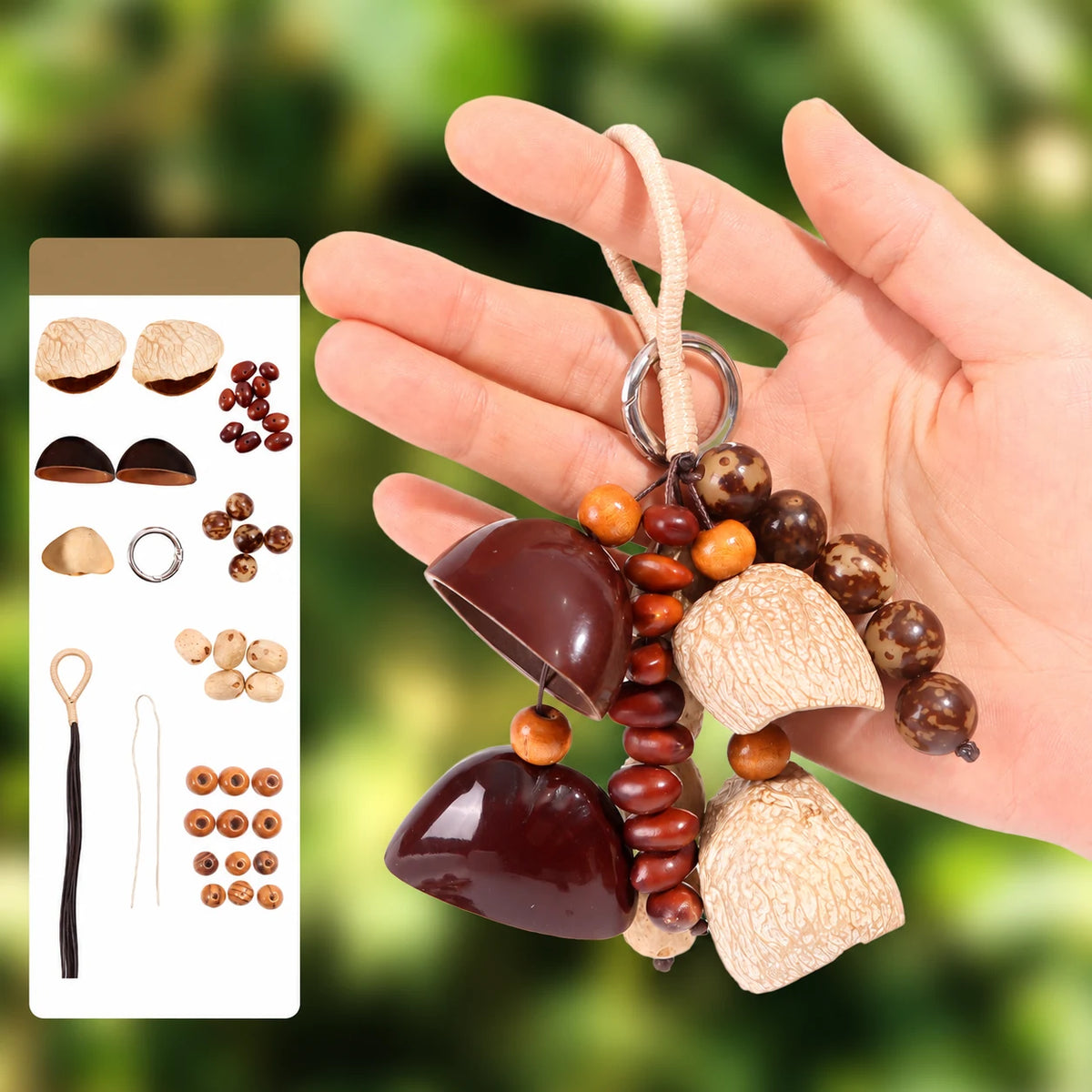 Mountain Brook natural seed pod bag charm, assembled example with supplier materials diagram