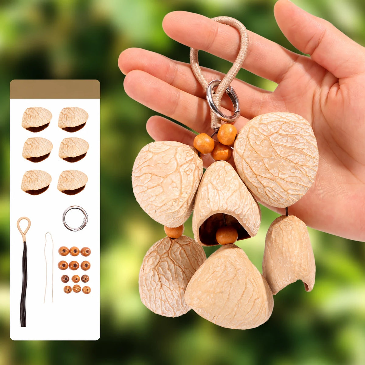 Mountain Spring natural seed pod bag charm, assembled example with supplier materials diagram