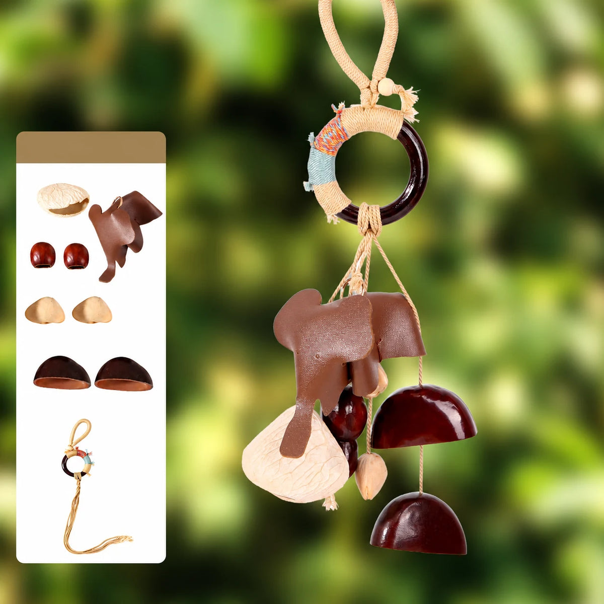 Peace and Fortune natural seed pod bag charm, assembled example with supplier materials diagram