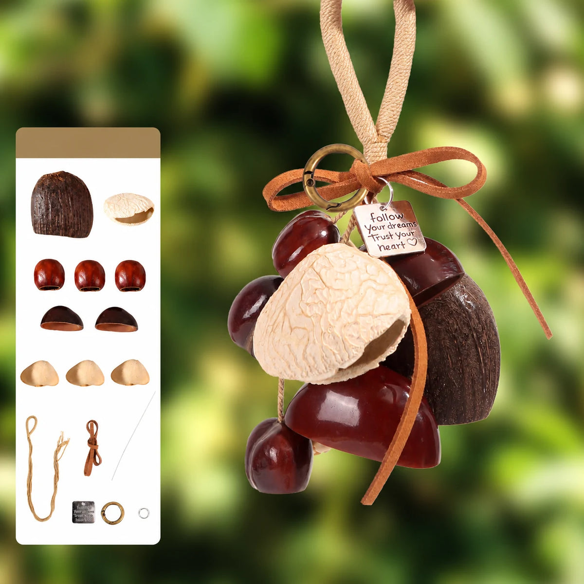 Spring Melody natural seed pod bag charm, assembled example with supplier materials diagram