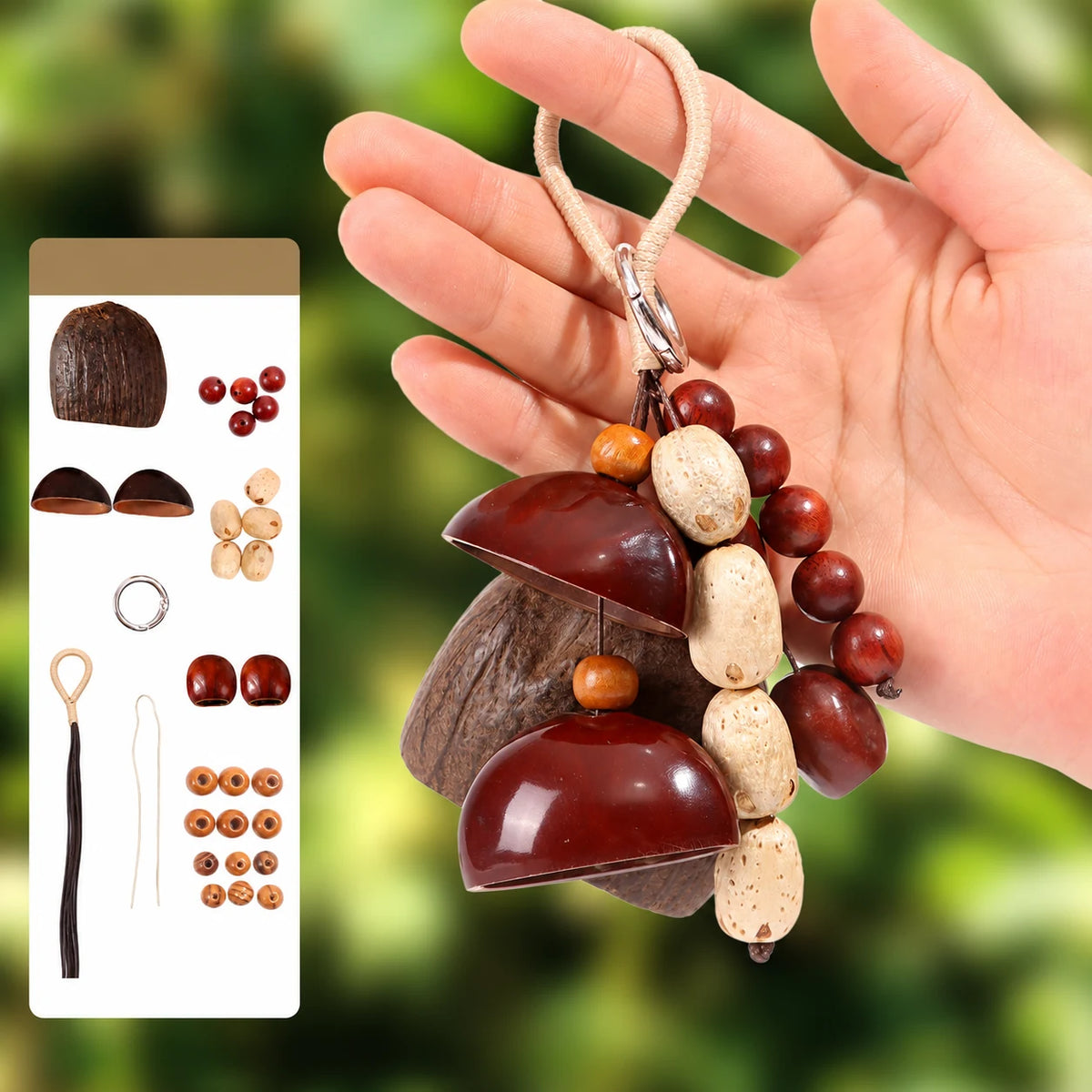 Spring View natural seed pod bag charm, assembled example with supplier materials diagram