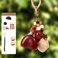 Spring Water natural seed pod bag charm, assembled example with supplier materials diagram