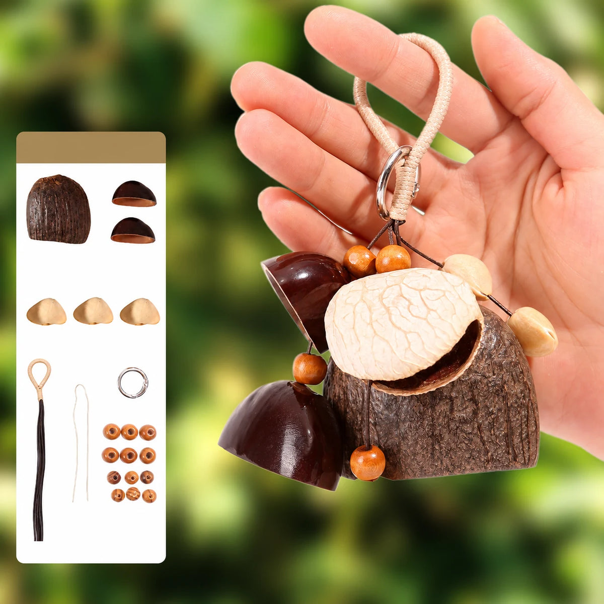 Summer Chorus natural seed pod bag charm, assembled example with supplier materials diagram