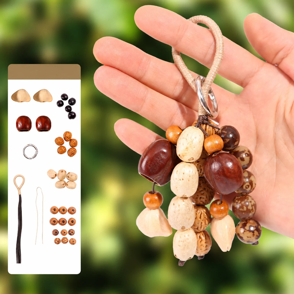 Summer Night natural seed pod bag charm, assembled example with supplier materials diagram