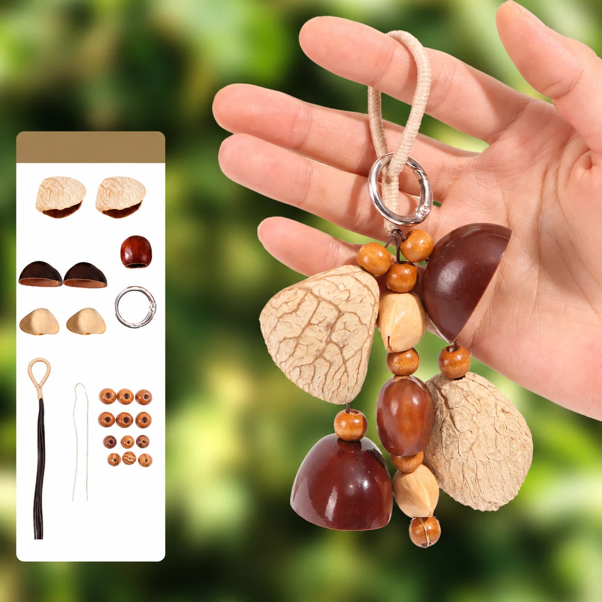 Woodland Creek natural seed pod bag charm, assembled example with supplier materials diagram